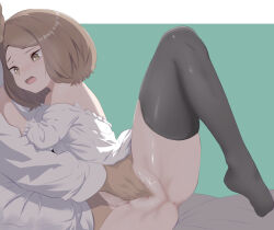 Rule 34 | 1boy, 1girl, :o, bed, black thighhighs, breasts, brown hair, collarbone, dress, edel (sousou no frieren), fingering, highres, light brown eyes, medium breasts, open mouth, parted bangs, puffy short sleeves, puffy sleeves, sex, short hair, short sleeves, sousou no frieren, thighhighs, white dress