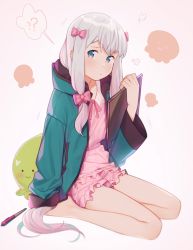Rule 34 | 10s, 1girl, ?, ??, arm at side, bare legs, barefoot, blush, bow, drawing tablet, eromanga sensei, frills, full body, fume, green jacket, hair bow, hands in opposite sleeves, highres, holding, hood, hood down, hooded jacket, izumi sagiri, jacket, long hair, long sleeves, looking at viewer, low-tied long hair, open clothes, open jacket, pajamas, pink background, pink bow, silver hair, simple background, sitting, solo, spoken question mark, stuffed animal, stuffed octopus, stuffed toy, stylus, tareme, very long hair, weyowang, yokozuwari