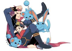 Rule 34 | 2boys, azumarill, backwards hat, bad id, bad pixiv id, baseball cap, black hair, black shorts, boots, clenched hand, commentary request, creatures (company), ethan (pokemon), game freak, gen 2 pokemon, hat, hood, hood down, jacket, lance (pokemon), leg up, long sleeves, male focus, marill, multiple boys, nintendo, pants, parted lips, pokemon, pokemon (creature), pokemon hgss, red hair, red jacket, short hair, shorts, simple background, spiked hair, sweatdrop, white background, xichii