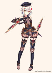 Rule 34 | 1girl, armor, armored boots, artist name, beige background, belt, beret, black gloves, black thighhighs, blush, boots, copyright name, corset, crossed bangs, dagger, destiny chronicles, dual wielding, elbow gloves, full body, garter straps, gloves, hair between eyes, hair ornament, hairclip, hat, highres, holding, holding weapon, knife, looking at viewer, official art, parted lips, pierorabu, pouch, puffy shorts, red eyes, short hair, shorts, simple background, solo, standing, thighhighs, weapon, white hair, x hair ornament