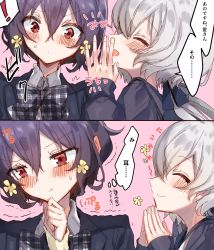 Rule 34 | !, 10s, 2girls, 2koma, absurdres, black hair, black ribbon, blush, bow, bowtie, collared shirt, comic, commentary request, closed eyes, facing another, fingers together, flower, hair ornament, hair ribbon, highres, konno junko, long hair, long sleeves, low twintails, mizuno ai, multiple girls, plaid neckwear, profile, red eyes, ribbon, shirt, short hair, silver hair, smile, spoken exclamation mark, translation request, trembling, twintails, yellow flower, yuunagi komo, zombie land saga