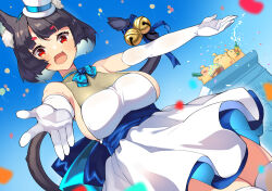 Rule 34 | 1girl, animal ear fluff, animal ears, azur lane, bare shoulders, bell, bird, black hair, blue dress, breasts, cat ears, cat girl, cat tail, chick, commentary request, dress, elbow gloves, fang, gloves, hat, hikimayu, large breasts, layered dress, manjuu (azur lane), mini hat, open mouth, outstretched arms, red eyes, skin fang, tail, tail bell, tail ornament, thighhighs, tilted headwear, top hat, white dress, white gloves, white headwear, white thighhighs, yamashiro (azur lane), youhei 64d