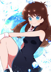 Rule 34 | 1girl, bare arms, black dress, blue eyes, blush, breasts, brown hair, closed mouth, commentary request, creatures (company), dress, eyelashes, from side, game freak, gloves, green (pokemon), haru (haruxxe), highres, index finger raised, long hair, looking to the side, nintendo, pokemon, pokemon adventures, sleeveless, sleeveless dress, smile, solo, water, water drop, white gloves