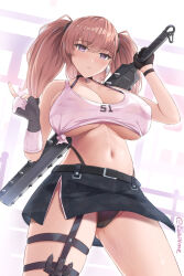 Rule 34 | 1girl, asymmetrical gloves, atlanta (kancolle), black gloves, black panties, black skirt, breasts, brown hair, cameltoe, club, club (weapon), cosplay, earrings, gloves, grey eyes, grey gloves, highres, holding club, jewelry, johnston (kancolle), johnston (kancolle) (cosplay), kanabou, kantai collection, large breasts, long hair, miniskirt, mismatched gloves, navel, no bra, over shoulder, panties, partially fingerless gloves, single earring, skirt, solo, spiked club, standing, star (symbol), star earrings, tank top, two-tone gloves, two side up, underboob, undersized clothes, underwear, weapon, weapon over shoulder, white gloves, white tank top, zuikillme
