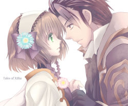 Rule 34 | 1boy, 1girl, alvin (tales), ascot, bad id, bad pixiv id, bow, brown eyes, brown hair, copyright name, eye contact, frown, green eyes, hair ribbon, hairband, hetero, holding hands, kanaso529, leia rolando, looking at another, ribbon, serious, short hair, simple background, tales of (series), tales of xillia, white background