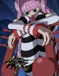 Rule 34 | absurdres, black eyes, boots, drill hair, from below, giant, giantess, highres, one piece, perona, pink hair, screencap, striped legwear, surprised, thriller bark, twintails, usopp