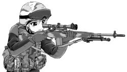 Rule 34 | 1girl, aiming, battle rifle, camouflage, camouflage jacket, canteen, ebifly, from side, gloves, goggles, goggles on headwear, greyscale, gun, helmet, holding, holding gun, holding weapon, jacket, long sleeves, m14, military, military uniform, monochrome, original, parted lips, pouch, rifle, short hair, simple background, sniper rifle, solo, uniform, weapon, white background