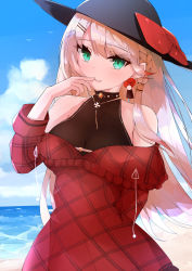 Rule 34 | 1girl, absurdres, azur lane, black hat, blonde hair, braid, breasts, dress, earrings, finger to mouth, flower earrings, green eyes, hand on own face, hat, highres, howe (azur lane), howe (noble rouge) (azur lane), jewelry, long hair, looking at viewer, medium breasts, necklace, plaid, plaid dress, ryou (ryo 217cafe), single braid, solo