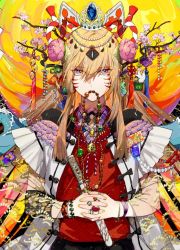 Rule 34 | 1boy, blonde hair, blue eyes, cherry blossoms, covered mouth, crossed arms, crown, facial mark, fish, flower, frilled sleeves, frills, gem, hair between eyes, hair flower, hair ornament, holding, holding weapon, horns, in mouth, jewelry, kazari tayu, long sleeves, looking at viewer, male focus, mask, multicolored eyes, necklace, oni mask, original, pink eyes, ring, rope, see-through, see-through sleeves, shimenawa, solo, straight hair, tiara, tree, upper body, water, weapon, whisker markings, yellow eyes