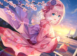 Rule 34 | 1girl, absurdres, blue eyes, blush, breasts, cherry blossoms, floral print, hairband, highres, huge filesize, japanese clothes, kimono, large breasts, long sleeves, looking at viewer, open mouth, pink hair, pink kimono, princess connect!, sash, shanguier, smile, solo, twilight, wide sleeves, yui (new year) (princess connect!), yui (princess connect!)