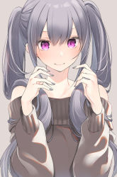 Rule 34 | 1girl, bare shoulders, blush, closed mouth, grey background, grey hair, hair between eyes, hands up, highres, long hair, nail polish, nekoume, off-shoulder, off-shoulder sweater, off shoulder, original, purple eyes, sidelocks, simple background, smile, solo, sweater, twintails, upper body, very long hair