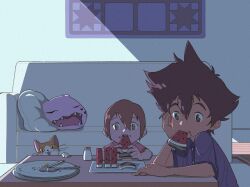 Rule 34 | 1boy, 1girl, biting, brother and sister, brown hair, cat, couch, digimon, eating, fangs, food, food in mouth, fruit, hair between eyes, hamoo8686, highres, koromon, open mouth, outdoors, siblings, sleeping, watermelon, yagami hikari, yagami taichi