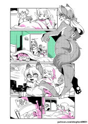 Rule 34 | 2girls, animal ears, ass, bed, blanket, blush, carrying, child&#039;s drawing, comic, english text, closed eyes, facing another, furry, furry female, highres, long hair, looking at another, monster girl, moon, mother and daughter, multiple girls, night, open mouth, original, patreon username, piggyback, pillow, ponytail, shepherd0821, short hair, silent comic, sleeping, smile, stuffed animal, stuffed toy, tail, teddy bear, watermark, waving, web address, werewolf, window, wolf ears, wolf tail