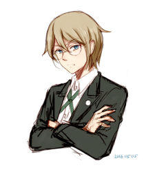 Rule 34 | 1boy, black jacket, blonde hair, blue eyes, brown hair, closed mouth, collared shirt, commentary request, cropped torso, crossed arms, danganronpa: trigger happy havoc, danganronpa (series), dated, formal, glasses, hair between eyes, jacket, long sleeves, looking at viewer, male focus, meipoi, necktie, round eyewear, shirt, short hair, simple background, sketch, solo, togami byakuya, upper body, white background, white shirt, wing collar