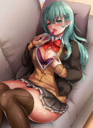 Rule 34 | 1girl, aqua eyes, aqua hair, ascot, bad id, bad pixiv id, blazer, blush, bra, breasts, brown skirt, brown thighhighs, bubble tea, cleavage, couch, drink, drinking straw, frilled skirt, frills, hair ornament, hairclip, holding, indoors, jacket, kantai collection, large breasts, long hair, long sleeves, lying, nanashiki fuuka, on back, open clothes, open mouth, pillow, pleated skirt, red ascot, saliva, school uniform, skirt, solo, suzuya (kancolle), thighhighs, underwear