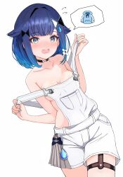 Rule 34 | 1girl, absurdres, bare shoulders, black choker, blue hair, blue nails, blush, breasts, choker, dark blue hair, gem hair ornament, gradient hair, grey eyes, hair flaps, highres, looking at viewer, medium breasts, multicolored hair, naked overalls, no bra, nose blush, open mouth, overall shorts, overalls, short hair, sideboob, sideless outfit, simple background, solo, speech bubble, strap pull, thigh strap, tsumugi kokage, virtual youtuber, vspo!, white background, white overalls, yamaoka remu