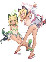 Rule 34 | 2girls, animal ear headphones, arm up, armpits, ass, bikini, blonde hair, blue archive, bow, breasts, cat ear headphones, character name, commentary, fake animal ears, from behind, full body, green bikini, green bow, green eyes, grey shorts, hair bow, halo, headphones, highres, jacket, looking at viewer, micro bikini, midori (blue archive), momoi (blue archive), multiple girls, navel, nemo (leafnight), one-piece tan, open mouth, pink bikini, red bow, red eyes, sandals, short hair, short shorts, shorts, siblings, simple background, sisters, sitting, small breasts, smile, standing, swimsuit, symbol-only commentary, tail, tan, tanline, toes, twins, white background, white jacket