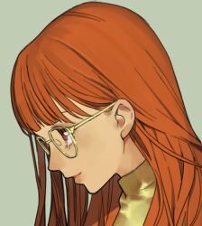 Rule 34 | 1girl, character request, check character, check copyright, closed mouth, copyright request, dated commentary, from side, glasses, green background, light smile, long hair, looking afar, orange eyes, orange hair, persona, persona 5, portrait, profile, sakauchi waka, sakura futaba, shirt, simple background, solo, turtleneck, yellow-framed eyewear, yellow shirt