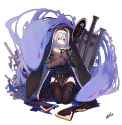 Rule 34 | 1girl, arknights, artist name, aura, belt, black dress, black thighhighs, breasts, chainsaw, circular saw, cross, cross necklace, dress, full body, glowing, habit, hair between eyes, highres, jewelry, long hair, long sleeves, looking at viewer, mag (mag42), medium breasts, mouth hold, necklace, nun, pelvic curtain, red eyes, ribbed sweater, saw, seiza, signature, silver hair, simple background, sitting, sleeves past wrists, solo, specter (arknights), spirit, strap, sweater, thigh strap, thighhighs, thighs, turtleneck, white background, white sweater