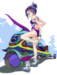 Rule 34 | 1girl, ankle boots, aoi zero, bad anatomy, barefoot, blue eyes, boots, competition swimsuit, full body, goggles, goggles on head, hair bun, highres, looking back, motor vehicle, motorcycle, one-piece swimsuit, original, purple hair, shoes, single hair bun, single shoe, solo, standing, standing on one leg, stretching, swimsuit, vehicle, watch