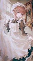 Rule 34 | 1girl, black shirt, blue eyes, blush, brown hair, clock, closed mouth, clothes lift, curtains, dress, dress lift, frilled dress, frills, grandfather clock, hand up, highres, indoors, long hair, long sleeves, maid, maid headdress, no.aei, original, shirt, smile, solo, standing, white dress