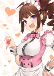 Rule 34 | 1girl, :d, ahoge, apron, binsen, blush, bow, bowtie, breasts, brown hair, collared shirt, drill hair, framed breasts, hand on own hip, hand up, heart, highres, idolmaster, idolmaster million live!, idolmaster million live! theater days, looking at viewer, maid headdress, medium breasts, open mouth, pink bow, pink bowtie, puffy short sleeves, puffy sleeves, purple eyes, shirt, short sleeves, side drill, side ponytail, smile, solo, uniform, waist apron, white apron, white shirt, wrist cuffs, yokoyama nao
