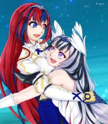 Rule 34 | 2girls, alear (female) (fire emblem), alear (fire emblem), black hair, blue background, blue eyes, blue hair, feather dress, feather hair ornament, feathered wings, feathers, fire emblem, fire emblem engage, hair ornament, heterochromia, highres, hug, looking at another, multicolored hair, multiple girls, nintendo, open mouth, purple eyes, red eyes, red hair, ribbon, siblings, simple background, sisters, smile, symoca, veyle (fire emblem), white hair, wings