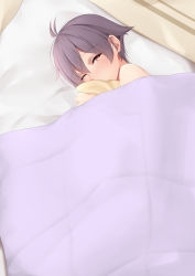 Rule 34 | 1girl, bad id, bad pixiv id, bedroom, blanket, hair between eyes, kantai collection, lying, ne an ito, on side, one eye closed, pillow, purple hair, sakawa (kancolle), short hair, solo, under covers, yellow eyes