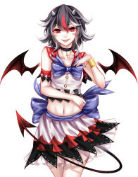 Rule 34 | 1girl, :p, adapted costume, bad id, bad pixiv id, black hair, bracelet, crop top, demon tail, demon wings, grey horns, highres, horns, jewelry, kijin seija, midriff, miniskirt, multicolored hair, navel, red eyes, red hair, see-through, sheya, short hair, skirt, solo, streaked hair, tail, tongue, tongue out, touhou, white hair, wings