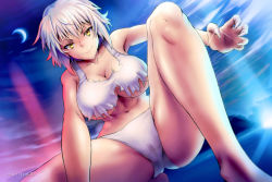 Rule 34 | 1girl, arai29, armpits, bare shoulders, breasts, cleavage, closed mouth, collarbone, crescent moon, fingernails, glint, hair between eyes, killing bites, large breasts, legs, looking at viewer, moon, navel, no bra, panties, sharp fingernails, short hair, sleeveless, smile, solo, thighs, torn clothes, underwear, uzaki hitomi, v-shaped eyebrows, white hair, white panties, yellow eyes