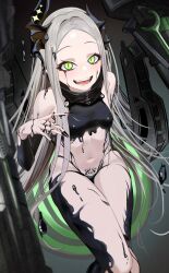 1girl bare_shoulders black_horns black_liquid black_nails fangs forehead goddess_of_victory:_nikke green_eyes grey_hair highres horns kazam_fm leviathan_(nikke) liquid_clothes long_hair looking_at_viewer open_mouth piercing pubic_tattoo tattoo thighs tongue_piercing