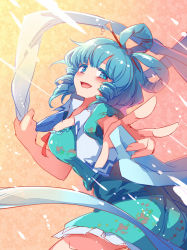 Rule 34 | 1girl, blue dress, blue eyes, blue hair, blush, breasts, dress, drill hair, hair ornament, hair rings, hair stick, kaku seiga, large breasts, looking at viewer, matching hair/eyes, open clothes, open mouth, open vest, puffy short sleeves, puffy sleeves, reaching, reaching towards viewer, shawl, short dress, short sleeves, smile, solo, touhou, twin drills, vest, yetworldview kaze