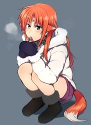Rule 34 | 00s, 1girl, animal ears, arf, bad id, bad pixiv id, black footwear, blue eyes, blush, boots, breath, can, coat, drink can, forehead jewel, full body, fur trim, hood, hood down, hooded jacket, jacket, long hair, looking at viewer, lyrical nanoha, mahou shoujo lyrical nanoha, mittens, nagashiro rouge, orange hair, parted bangs, plaid, red hair, shorts, simple background, soda can, solo, squatting, tail, winter clothes