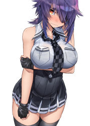 Rule 34 | 1girl, between breasts, black gloves, black skirt, black thighhighs, breasts, checkered clothes, checkered necktie, checkered neckwear, commentary request, cowboy shot, duplicate, eyepatch, gloves, highres, kantai collection, large breasts, looking at viewer, necktie, necktie between breasts, partially fingerless gloves, pleated skirt, purple hair, shirt, short hair, skirt, sleeveless, sleeveless shirt, solo, standing, tenryuu (kancolle), tenryuu kai ni (kancolle), thighhighs, white shirt, yellow eyes, zombie mogura