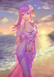 Rule 34 | 1girl, beach, cloud, cloudy sky, collarbone, commentary request, cyd chen, fate/stay night, fate (series), flower, hair flower, hair ornament, hand on thigh, heaven&#039;s feel, highres, long hair, looking at viewer, matou sakura, navel, ocean, purple eyes, purple hair, sky, smile, solo, sun, sunset, swimsuit