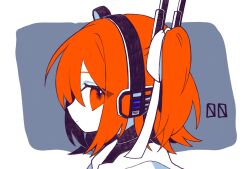 Rule 34 | 1girl, a.i. voice, adachi rei, black shirt, border, closed mouth, commentary, commentary request, grey background, hair ribbon, headlamp, headset, highres, jacket, light smile, looking at viewer, looking to the side, mizumoto uyan, one side up, orange eyes, orange hair, outside border, portrait, profile, radio antenna, ribbon, shirt, short hair, solo, turtleneck, utau, white border, white jacket, white ribbon
