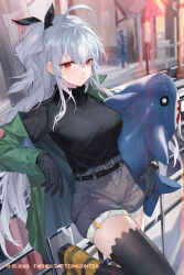 Rule 34 | 1girl, absurdres, ahoge, arknights, black ribbon, black sweater, black thighhighs, breasts, commentary request, green jacket, grey hair, grey shorts, hair ribbon, highres, hongbaise raw, ikea shark, jacket, long hair, looking at viewer, medium breasts, official alternate costume, one side up, outdoors, red eyes, ribbon, short shorts, shorts, skadi (arknights), skadi (the next afternoon tea) (arknights), solo, stuffed animal, stuffed shark, stuffed toy, sweater, thighhighs, thighs, turtleneck, turtleneck sweater, very long hair