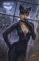 Rule 34 | 1girl, animal ears, bat (animal), bat signal, batman (series), bodysuit, breasts, broken glass, brown hair, building, cat ears, catwoman, cleavage, collarbone, contrapposto, cowboy shot, dc comics, fake animal ears, glass, goggles, goggles on head, green eyes, hand on own hip, highres, large breasts, sam delatore, selina kyle, signature, solo, standing, tongue, tongue out, window