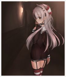 Rule 34 | 10s, 1girl, amatsukaze (kancolle), ass, brown dress, brown eyes, door, dress, from behind, garter straps, hair tubes, highres, indoors, kantai collection, long hair, long sleeves, looking at viewer, looking back, munehiro (21plus), sailor collar, sailor dress, short dress, silver hair, solo, thighhighs, two side up, wainscoting, white border