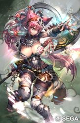 Rule 34 | 1girl, animal ears, aqua eyes, axe, battle axe, breasts, character request, cleavage, company name, copyright notice, fingerless gloves, gloves, hitowa, holding, holding axe, large breasts, leotard, official art, pink hair, sangokushi taisen, skirt, solo, tail, toeless footwear, weapon