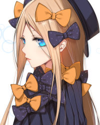 Rule 34 | 1girl, abigail williams (fate), black bow, black dress, black hat, blonde hair, blue eyes, bow, dress, fate/grand order, fate (series), forehead, hair bow, hat, highres, long hair, long sleeves, looking to the side, orange bow, parted bangs, polka dot, polka dot bow, qingchen (694757286), solo, upper body, very long hair