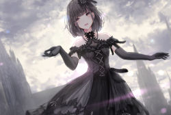 Rule 34 | 1girl, backlighting, bare shoulders, black dress, black flower, black gloves, black hair, black rose, blurry, blurry background, bow, building, cloud, cloudy sky, commentary request, cowboy shot, day, depth of field, dress, elbow gloves, flower, gloves, hair flower, hair ornament, highres, lens flare, light particles, lolita fashion, missile228, open mouth, original, outdoors, red eyes, rose, short hair, sky, solo, sunlight