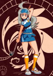 Rule 34 | 1girl, ^^^, ahoge, arm up, bare arms, blue eyes, blue hat, blue skirt, breasts, chawalit adsawawalanon, closed mouth, creatures (company), elite four, feathers, game freak, golf club, grey hair, hat, highres, holding, holding golf club, kahili (pokemon), kneehighs, long hair, looking at viewer, medium breasts, miniskirt, nintendo, orange socks, outline, pencil skirt, pin, pokemon, pokemon sm, shirt, shoes, short sleeves, skirt, smile, socks, solo, standing, striped clothes, striped shirt, visor cap, white footwear