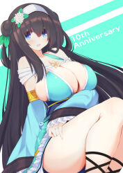 Rule 34 | 1girl, anniversary, blue dress, blue eyes, breasts, brown hair, cleavage, detached sleeves, double bun, dress, feet out of frame, flower, frilled dress, frilled sleeves, frills, green background, hair between eyes, hair bun, hair flower, hair ornament, hairband, highres, jewelry, large breasts, long hair, looking at viewer, magatama, open mouth, pink flower, ring, rinne (sennen sensou aigis), sennen sensou aigis, sitting, sleeveless, sleeveless dress, sleeves past wrists, smile, solo, thighs, two-tone background, two side up, very long hair, white background, white flower, white hairband, yellow flower, yomerinne