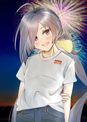 Rule 34 | 1girl, ahoge, alternate costume, arms behind back, casual, commentary request, cowboy shot, denim, denim shorts, fireworks, grey eyes, grey hair, grey shorts, hair between eyes, hair bun, hair ribbon, head tilt, highres, kantai collection, kiyoshimo (kancolle), ld (luna dial398), looking at viewer, low twintails, night, one-hour drawing challenge, outdoors, ribbon, shirt, shorts, single hair bun, smile, solo, standing, t-shirt, twintails, yellow ribbon