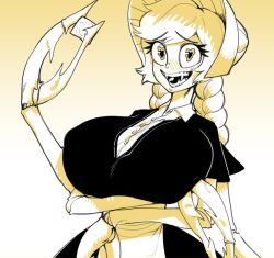 Rule 34 | 1girl, apron, arthropod girl, black dress, blonde hair, blush, bonnet, braid, breasts, claws, cliffside, condom, condom wrapper, cordie (cliffside), dress, extra arms, heart, heart-shaped pupils, huge breasts, maid, maid apron, medium hair, monster, monster girl, pincers, puffy short sleeves, puffy sleeves, sharp teeth, short sleeves, smile, solo, symbol-shaped pupils, teeth, twin braids