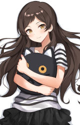 Rule 34 | 1girl, asato (fadeless), black skirt, blush, brown eyes, brown hair, closed mouth, collarbone, commentary request, fingernails, hair spread out, highres, holding, holding stuffed toy, hugging doll, hugging object, idolmaster, idolmaster million live!, kitazawa shiho, layered skirt, long hair, looking at viewer, parted bangs, shirt, short sleeves, simple background, skirt, smile, solo, striped clothes, striped shirt, stuffed animal, stuffed cat, stuffed toy, upper body, wavy hair, white background, white shirt