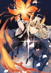 1girl ahoge arknights black_horns black_jackeet blonde_hair breasts closed_mouth cowboy_shot dragon_girl dragon_horns dress fire flower gloves green_eyes hair_ornament highres horns jacket light_in_heart long_hair looking_at_viewer nora_(le-chat-noir) off_shoulder reed_(arknights) reed_the_flame_shadow_(arknights) shirt solo white_dress white_flower