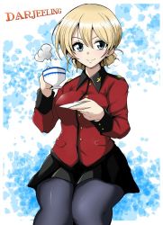 Rule 34 | 1girl, black pantyhose, black skirt, blonde hair, blue eyes, braid, character name, closed mouth, commentary request, cup, darjeeling (girls und panzer), epaulettes, girls und panzer, holding, holding cup, holding saucer, insignia, invisible chair, jacket, kirisaki reina, long sleeves, looking at viewer, military, military uniform, miniskirt, pantyhose, partial commentary, pleated skirt, red jacket, saucer, short hair, sitting, skirt, smile, solo, st. gloriana&#039;s military uniform, steam, teacup, twin braids, uniform