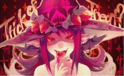 Rule 34 | :p, finger to mouth, food, fruit, glowing, hat, jam, licking, long hair, open mouth, original, peketr-namoww, pointy ears, red hair, smile, solo, strawberry, tongue, tongue out, witch, witch hat